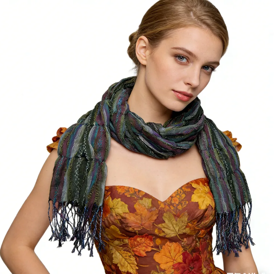 Olive Jacquard Crinkle Scarf - Textured Utility Scarf 70inchx29inch view 3