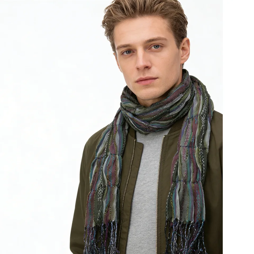 Olive Jacquard Crinkle Scarf - Textured Utility Scarf 70inchx29inch view 2