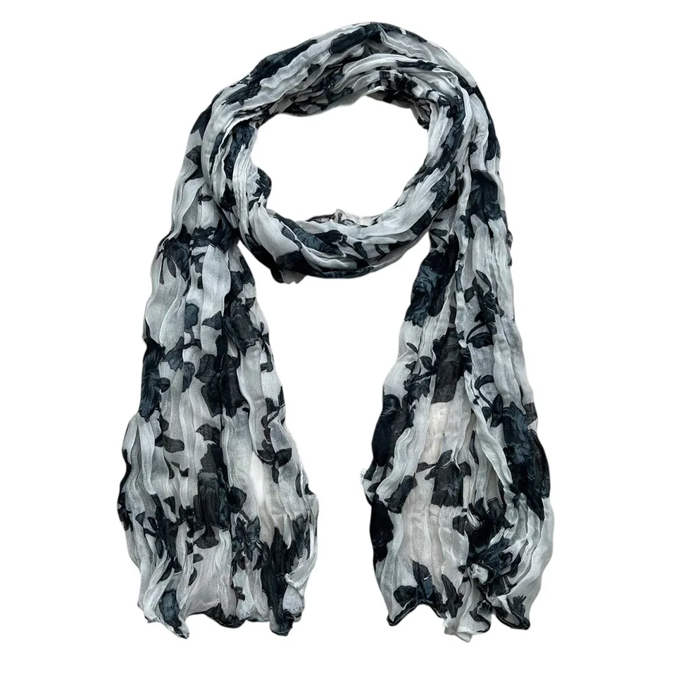 Black & White Printed Crinkle Scarf - Graphic Textured Scarf 63inchx23inch view 4