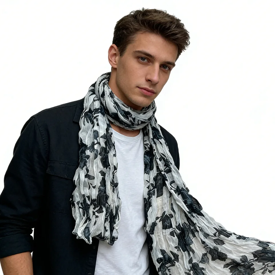 Black & White Printed Crinkle Scarf - Graphic Textured Scarf 63inchx23inch view 2