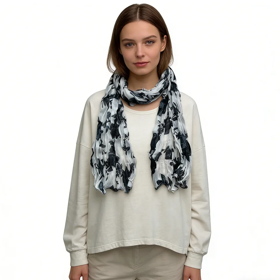 Black & White Printed Crinkle Scarf - Graphic Textured Scarf 63inchx23inch