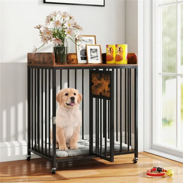 2-in-1 Dog Crate Furniture With Thickened Metal Tubes, Lockable Wheels Pet Kennel For Small Dogs view 4