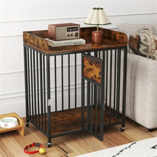 2-in-1 Dog Crate Furniture With Thickened Metal Tubes, Lockable Wheels Pet Kennel For Small Dogs view 2