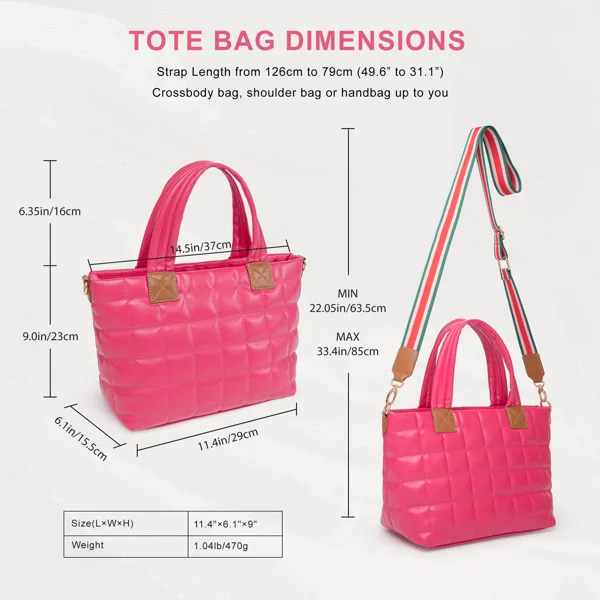 Puffer Tote Bag For Women With Zipper, Quilted Puffy Bag Lightweight Crossbody Hobo Padded Handbag With Strap-Rose view 4