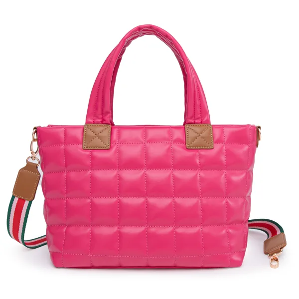 Puffer Tote Bag For Women With Zipper, Quilted Puffy Bag Lightweight Crossbody Hobo Padded Handbag With Strap-Rose