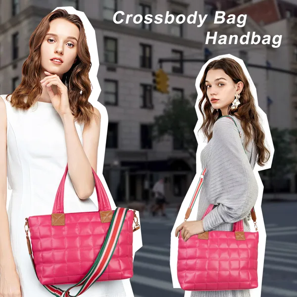Puffer Tote Bag For Women With Zipper, Quilted Puffy Bag Lightweight Crossbody Hobo Padded Handbag With Strap-Rose view 3