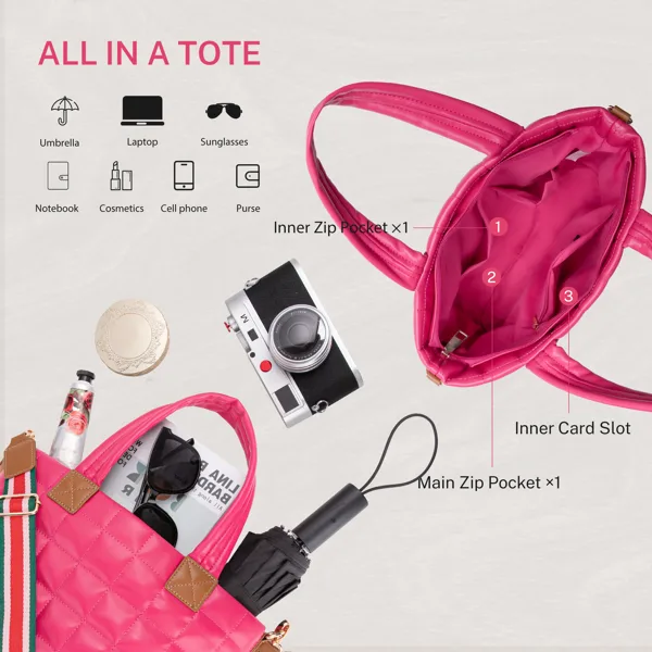 Puffer Tote Bag For Women With Zipper, Quilted Puffy Bag Lightweight Crossbody Hobo Padded Handbag With Strap-Rose view 2