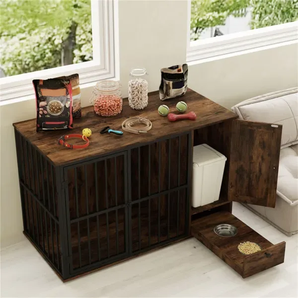 Coffee 2-in-1 Dog Crate End Table With Pull-Out Feeder, Chew-Resistant Metal Tube Pet Furniture For Small & Medium Dogs view 2