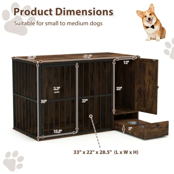 Coffee 2-in-1 Dog Crate End Table With Pull-Out Feeder, Chew-Resistant Metal Tube Pet Furniture For Small & Medium Dogs view 3