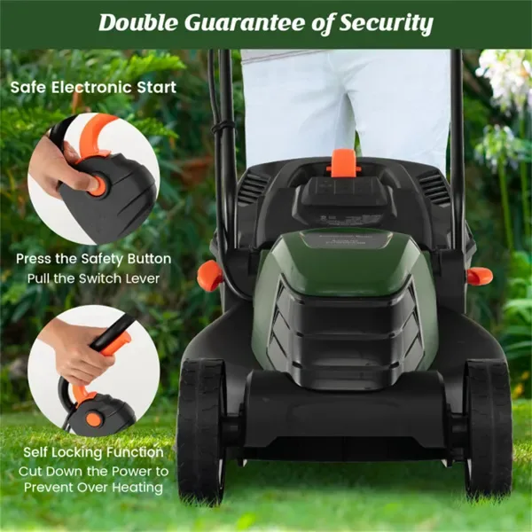 12 Ampere 13.5 Inch Electric Rope Lawn Mower With Dual Safety Switches -Green view 2
