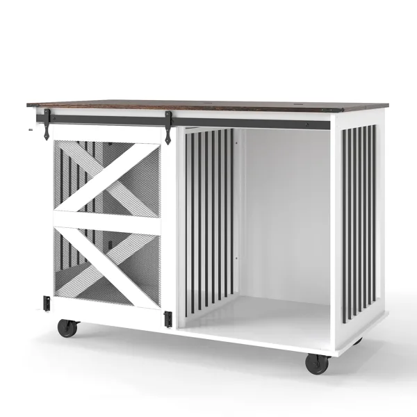 47.2" Mobile Dog Crate With Flip-Top Feeding Door, Dual-Access & 5 Caster System (2 Locking), Side Hooks - Multi-Functional Pet view 2