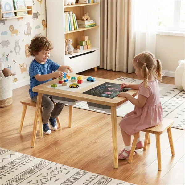 All-in-One Kids Activity Table And Chairs Set, Pine Wood Sensory Table With Foldable Storage Bins, Chalkboard & Whiteboard For Ages 3+ view 4