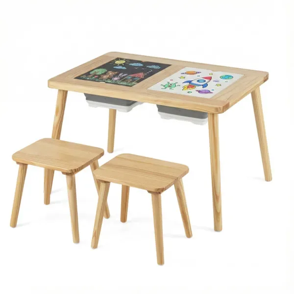 All-in-One Kids Activity Table And Chairs Set, Pine Wood Sensory Table With Foldable Storage Bins, Chalkboard & Whiteboard For Ages 3+ view 3