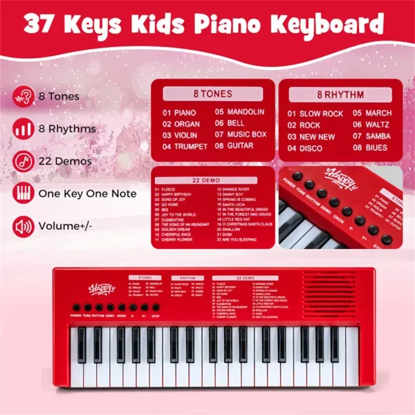Red 37 Keys Kids Electronic Keyboard With Microphone, 8 Tones & 8 Rhythms Piano Toy For Ages 3+ view 2