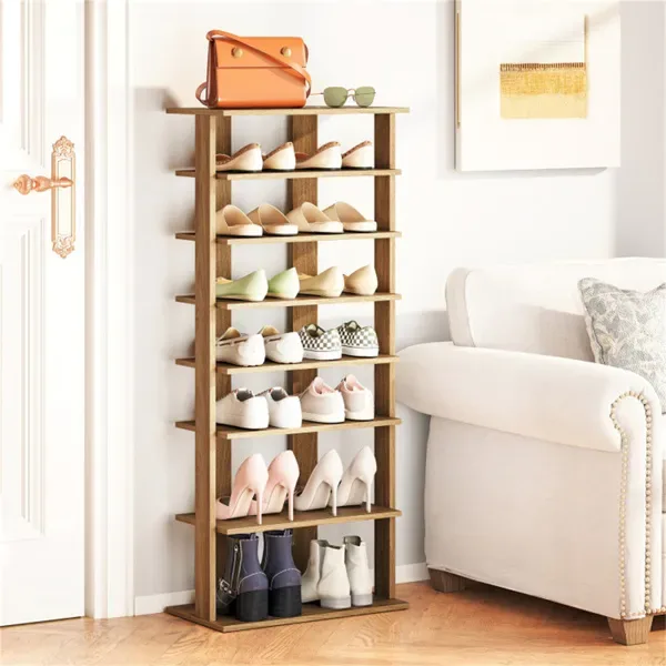7-Tier Double-Row Shoe Rack With Adjustable Shelves, Anti-Tipping Narrow Storage Rack For Entryway Closet-Natural view 4