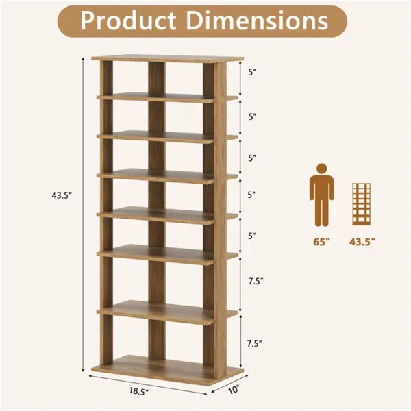 7-Tier Double-Row Shoe Rack With Adjustable Shelves, Anti-Tipping Narrow Storage Rack For Entryway Closet-Natural view 2