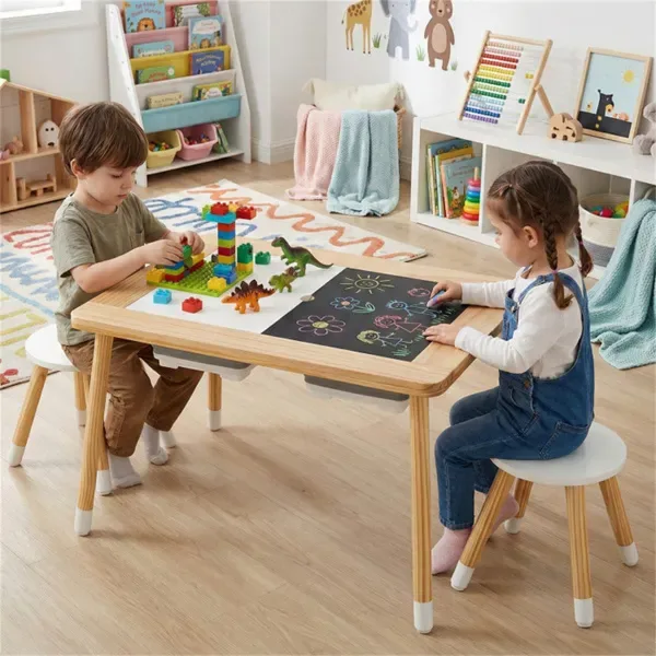 All-in-One Kids Activity Table And Chairs Set, Pine Wood Sensory Table With Foldable Storage Bins For Ages 3+ view 3