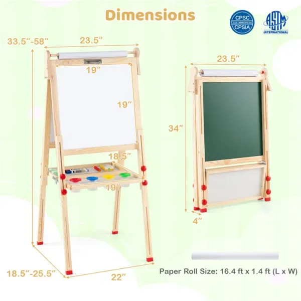 Natural Pine Wood 3-in-1 Kids Art Easel With Magnetic Whiteboard & Chalkboard, Adjustable Height Foldable Drawing Board For Ages 3-14 view 3
