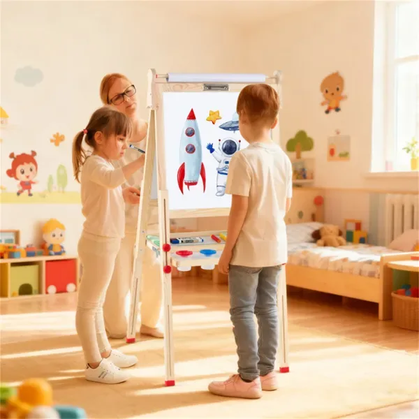 Natural Pine Wood 3-in-1 Kids Art Easel With Magnetic Whiteboard & Chalkboard, Adjustable Height Foldable Drawing Board For Ages 3-14 view 4