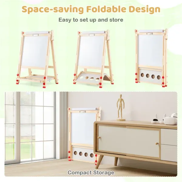 Natural Pine Wood 3-in-1 Kids Art Easel With Magnetic Whiteboard & Chalkboard, Adjustable Height Foldable Drawing Board For Ages 3-14 view 2