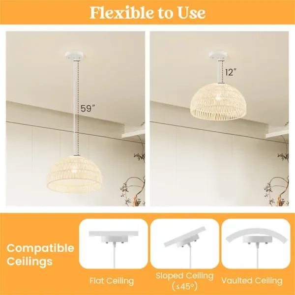 Height-Adjustable Farmhouse Rattan Pendant Lights With Adjustable Hanging Rope view 2