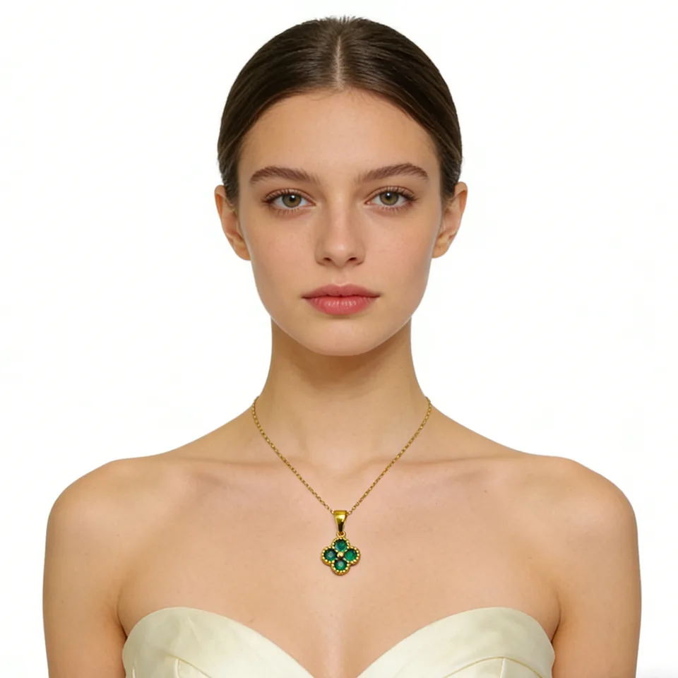 Green 4 Leaf Clover 24K Gold Necklace For Women, Lucky Pendant Chain Necklace Jewelry