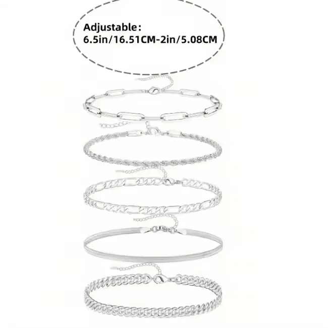 5pcs Silver Bracelets For Women, 14K Silver Plated Dainty Bracelets Set For Women Trendy Adjustable Stackable Bracelets view 3