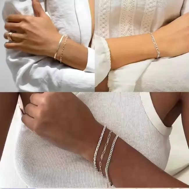5pcs Silver Bracelets For Women, 14K Silver Plated Dainty Bracelets Set For Women Trendy Adjustable Stackable Bracelets view 2