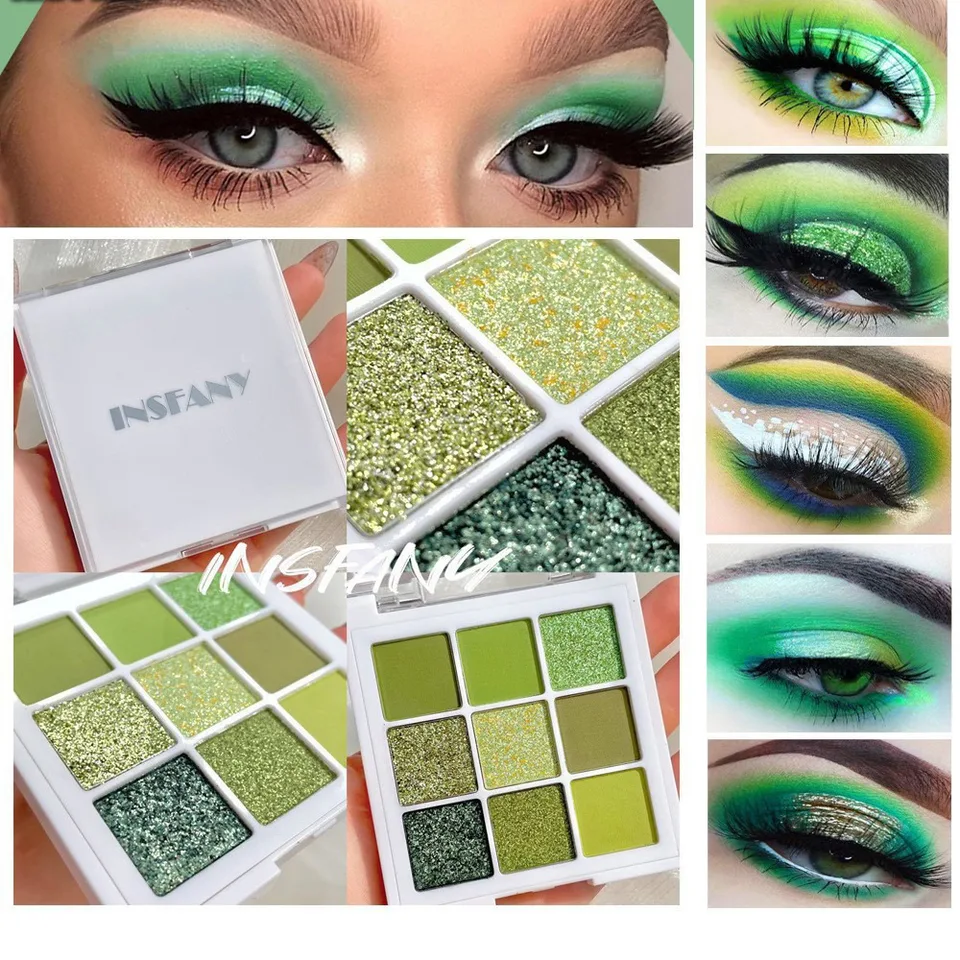 9 Colors Green Eyeshadow Palette, Neutral Matte Shimmer Glitter Eyeshadow Palette For Eye Makeup For Green Eyes view 4