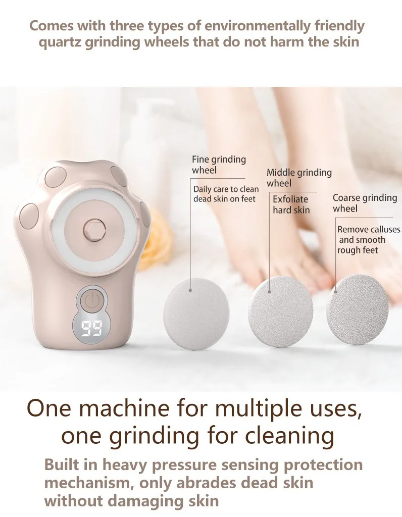 Electric Pedicure Foot Grinding Dead Skin Remover Automatic,Callus Remover For Feet 3 Adjustable Speed, 3 Grinding Heads, Pedicure Tool For Cracked Heels And Dead Skin view 4