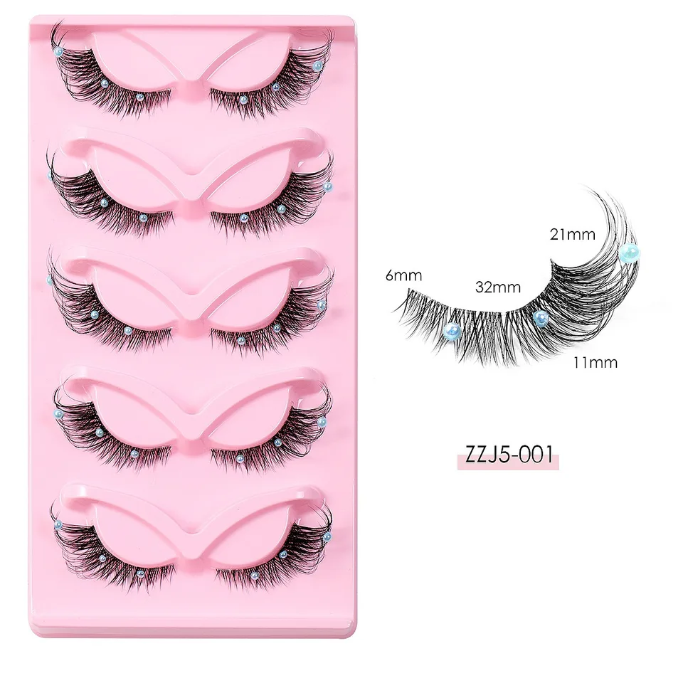5 Pairs False Lashes Eyelashes Extension Cluster, Clear Band Corner Foxy Winged Cat Eye 3D Strip Lashes,  Dramatic Cosmetic Makeup view 4
