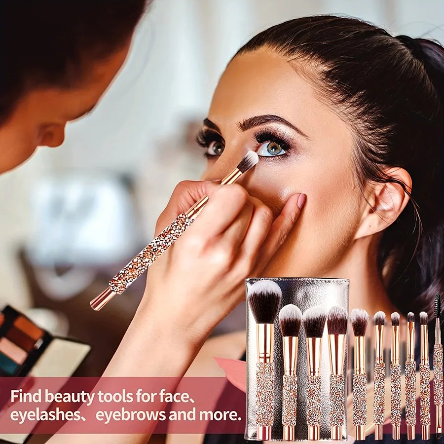10Pcs Luxury Makeup Brush Set Diamond Rivet Handle Design Crystal Makeup Brush, For Face And Eye Makeup Brush Professional Foundation Concealer Eye Shadow Makeup Tool view 3