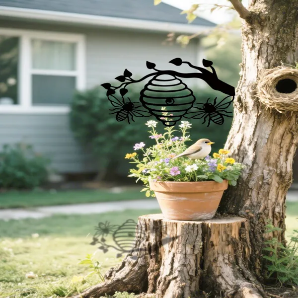 CIFbuy Sunny Yellow Honeycomb Iron Wall Art Outdoor Bee And Tree Silhouette Garden Hanging Decor For Patio Yard Backyard(Tik Tok, Temu view 3