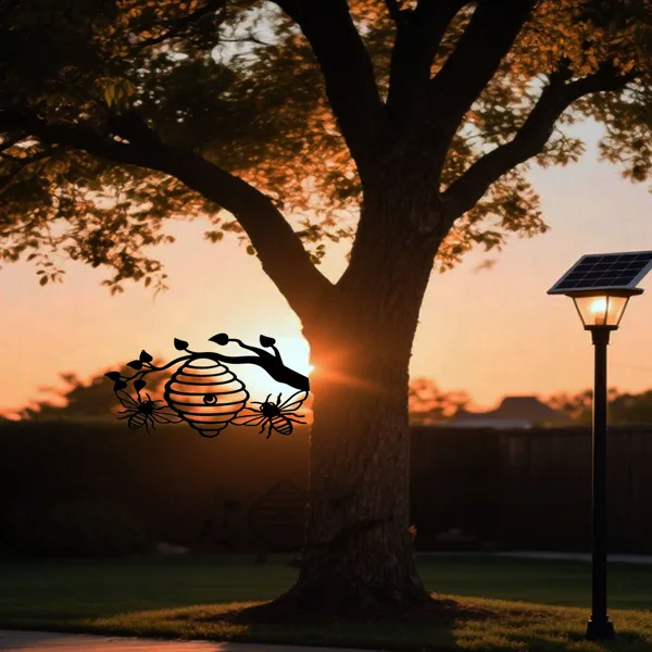 CIFbuy Sunny Yellow Honeycomb Iron Wall Art Outdoor Bee And Tree Silhouette Garden Hanging Decor For Patio Yard Backyard(Tik Tok, Temu view 4