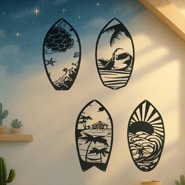 CIFbuy 4 Piece Metal Surfboard Wall Art Coastal Beach House Decor Modern Sculpture For Living Room Bedroom Kitchen Gift(Tik Tok, Temu view 4