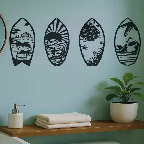 CIFbuy 4 Piece Metal Surfboard Wall Art Coastal Beach House Decor Modern Sculpture For Living Room Bedroom Kitchen Gift(Tik Tok, Temu view 2