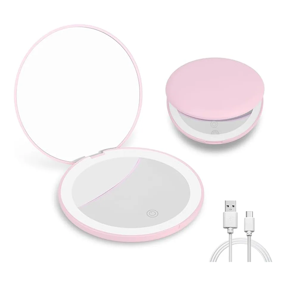 Travel Makeup Mirror With LED Light,  Magnifying Mirror With Light Perfect Wife Birthday Gift Ideas, 3.5 Inches 2 Side Compact Mirror Portable For Handbag, Purse, Pocket