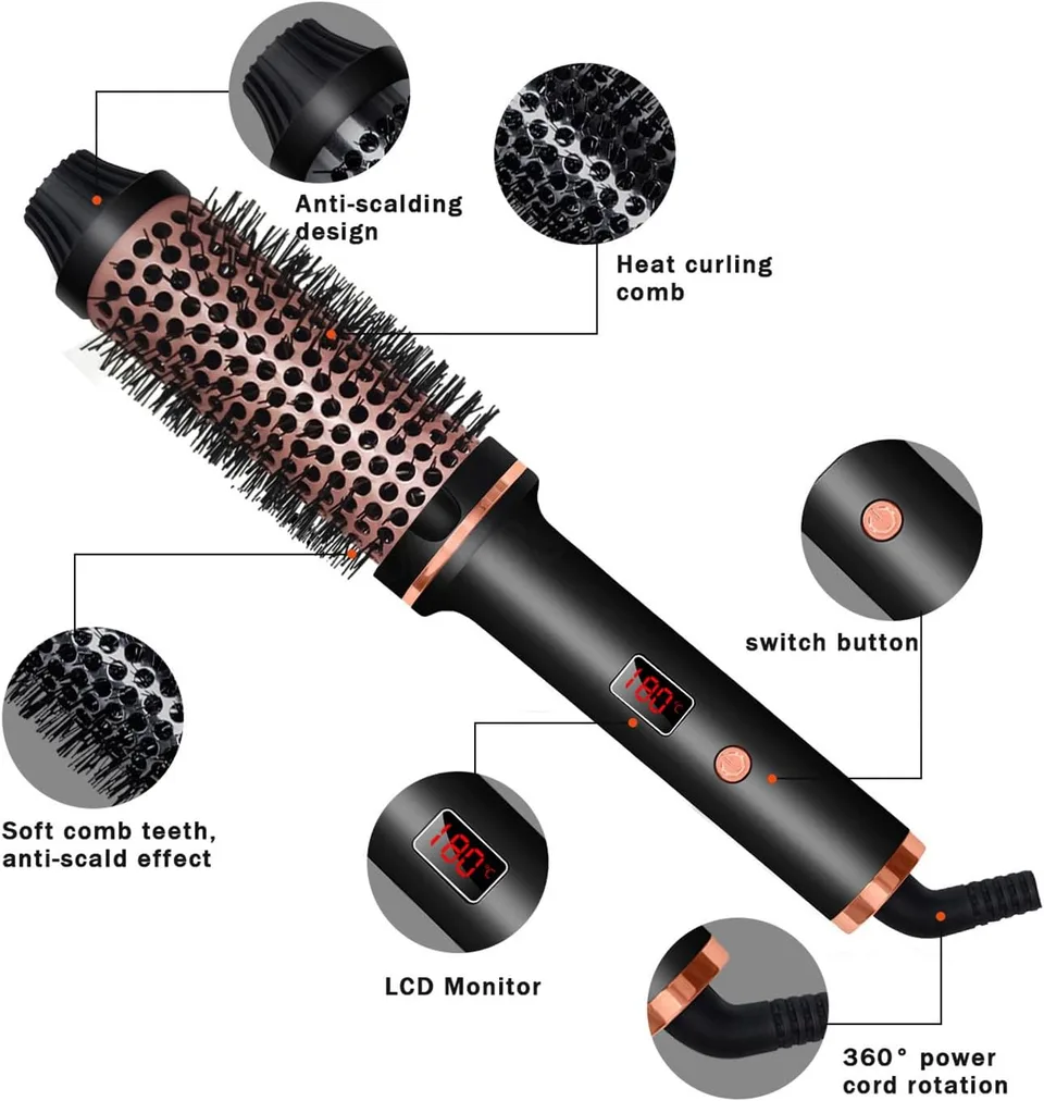 Thermal Brush 1.5 Inch Curling Iron Volumizing Brush Heated Round Brush Ceramic Tourmaline Ionic Curling Comb Dual Voltage Travel Curling Iron With, LCD Display, 10 Temperature Settings view 4