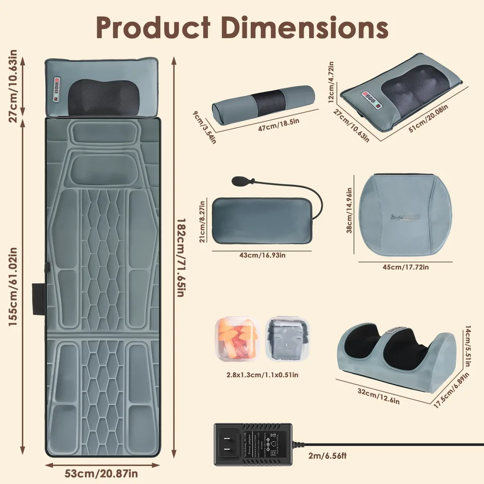 Flannel Full Body Massage Mat Multifunctional Massage Chair Pad With Heat Timer Shiatsu Neck Foot Massager Lumbar Pillow Carry Bag Earplugs Anti-Slip Bottom For Reclining Chair view 4