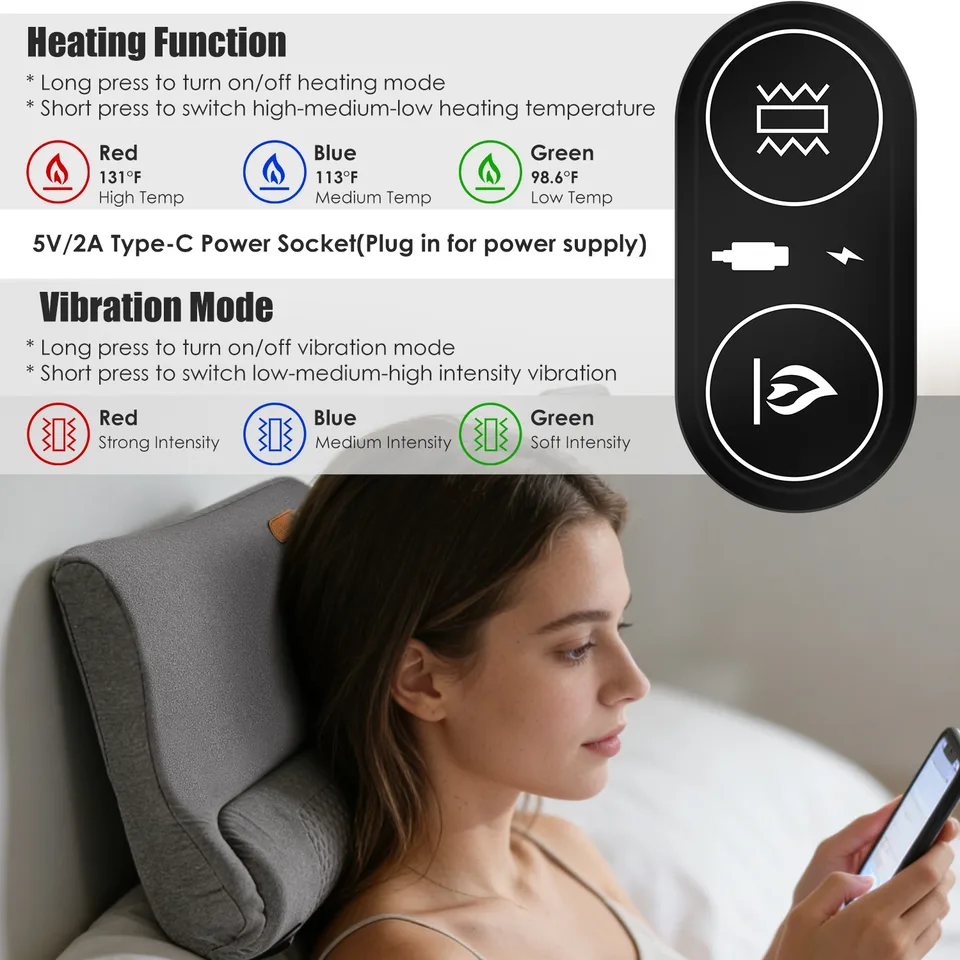 Neck Massager Pillow Ergonomic Massager Memory Foam Pillow With 3-Level Heating 3-Intensity Vibration 30 Min Timer For Neck Back Shoulder view 4