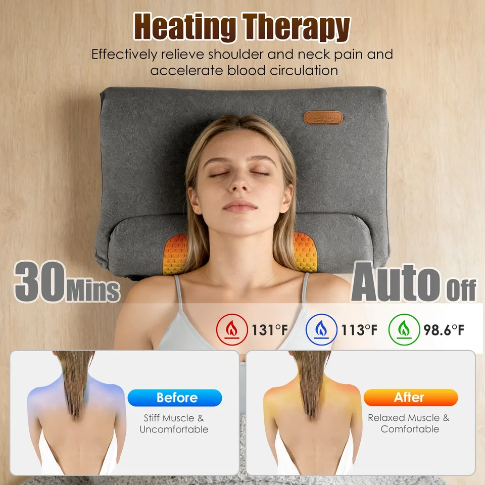 Neck Massager Pillow Ergonomic Massager Memory Foam Pillow With 3-Level Heating 3-Intensity Vibration 30 Min Timer For Neck Back Shoulder view 3