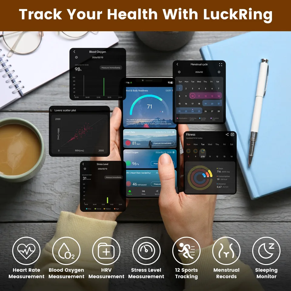Smart Ring Health Tracker Fitness Sleep Stress HRV Tracker With Charging Case Magnetic Charging Cable For Women & Men Compatible With IOS & Android 7-Day Battery Life Size 7 Size 8 Size9 Size10 view 2