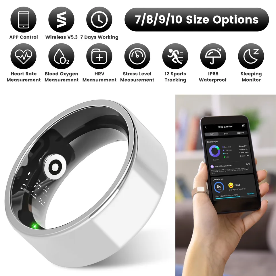 Smart Ring Health Tracker Fitness Sleep Stress HRV Tracker With Charging Case Magnetic Charging Cable For Women & Men Compatible With IOS & Android 7-Day Battery Life Size7 Size8 Size9 Size10 view 2