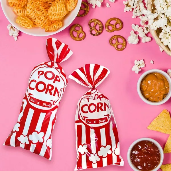 300 Pcs Plastic Popcorn Bags With Twist Ties Pop Corn Party Sleeves Snack Containers Nostalgia Gift Packs Circus Carnival Party Goodie Candy Bags Red White Stripe Popcorn Container view 2