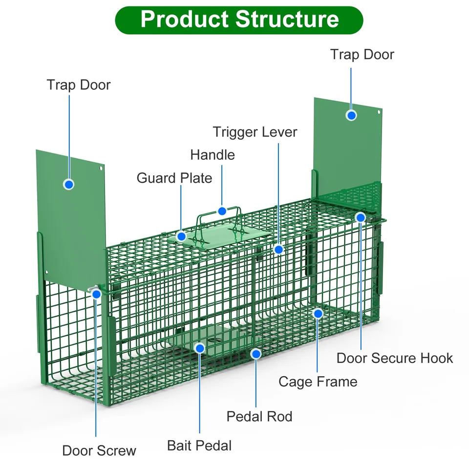 32in 2 Door Live Animal Cage Trap With Glove Green For Animals Under 12LBS Easy To Setup Humane Galvanized Iron Trap Cage For Rabbits view 4