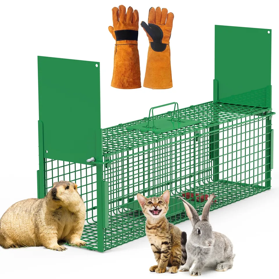 32in 2 Door Live Animal Cage Trap With Glove Green For Animals Under 12LBS Easy To Setup Humane Galvanized Iron Trap Cage For Rabbits view 2