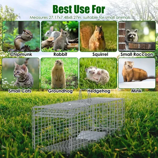 Live Animal Trap Cage 27x7.5x8in Folding Catch And Release Steel Humane Cat Trap For Racoons Stray Cats Rabbits Beavers Hedgehogs Chipmunk Small Animals view 4