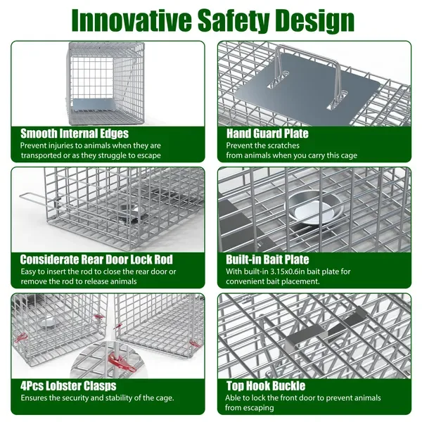 Live Animal Trap Cage 27x7.5x8in Folding Catch And Release Steel Humane Cat Trap For Racoons Stray Cats Rabbits Beavers Hedgehogs Chipmunk Small Animals view 3