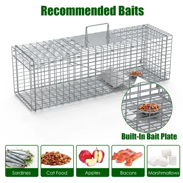 Live Animal Trap Cage 27x7.5x8in Folding Catch And Release Steel Humane Cat Trap For Racoons Stray Cats Rabbits Beavers Hedgehogs Chipmunk Small Animals view 2
