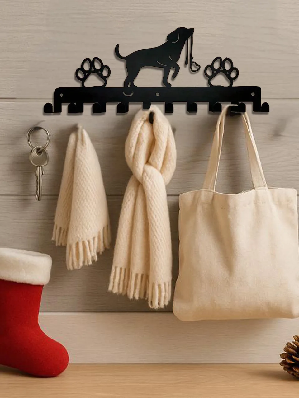 Rustic Entryway Organizer - Wall Mounted Key Holder & Leash Rack For Pet Owners view 2
